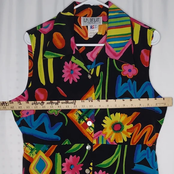 90's Vtg LABelle Button Collar Dress Multicolor Print Tie Sleeveless Midi 13 USA - Picture 5 of 12